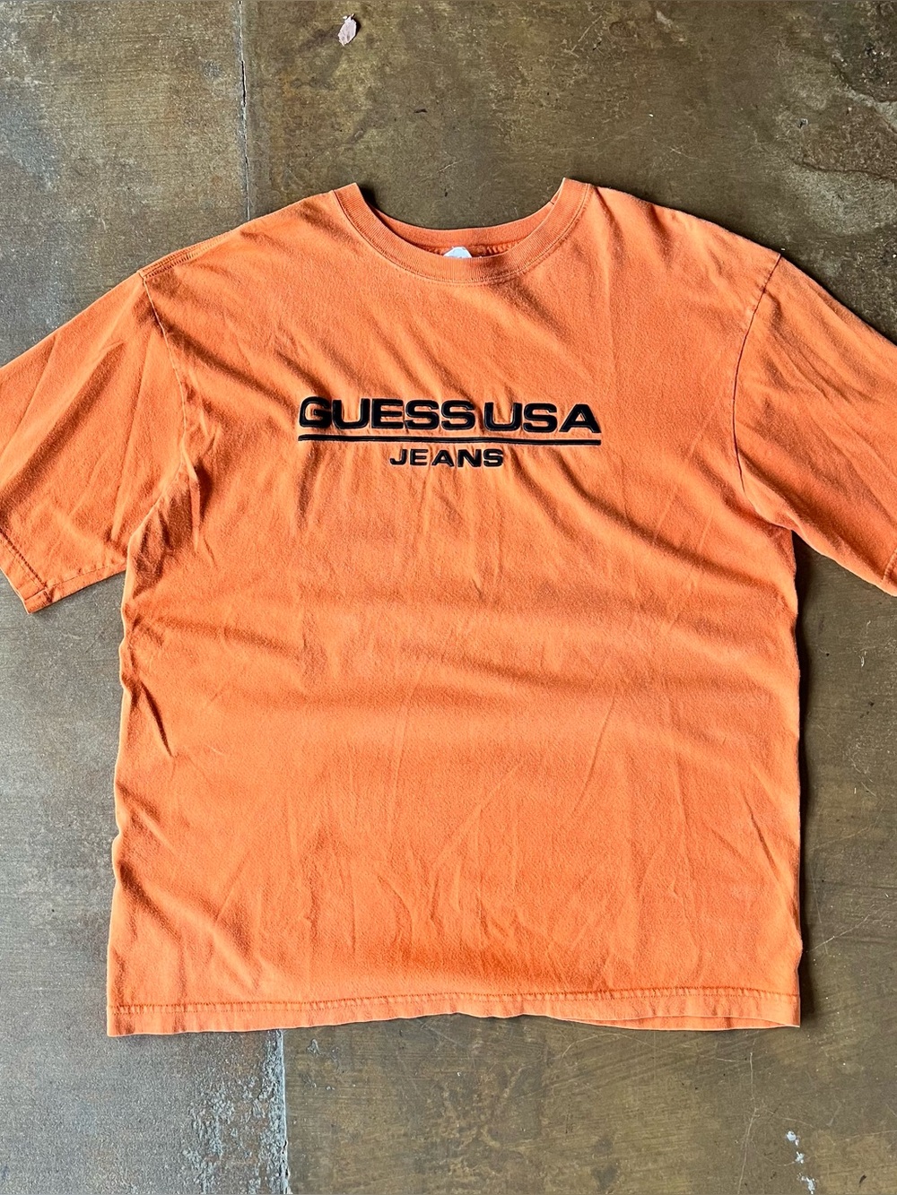 Guess USA Made Vintage 90s Orange 3D Velvet Logo Unisex Fit T-Shirt Mallcore XL